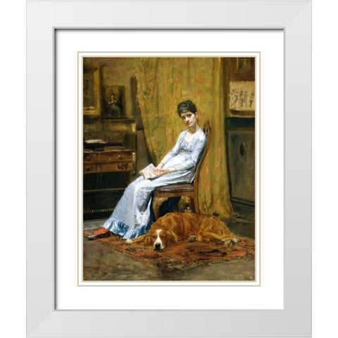 The Artists Wife and His Setter Dog White Modern Wood Framed Art Print with Double Matting by Eakins, Thomas