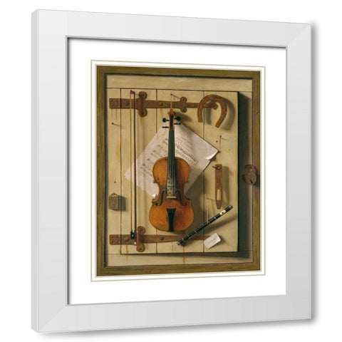 Still Life—Violin and Music White Modern Wood Framed Art Print with Double Matting by Harnett, William Michael