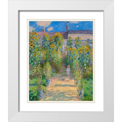 Garden of the artist at Vetheuil White Modern Wood Framed Art Print with Double Matting by Monet, Claude