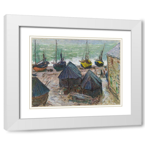 Boats on the Beach at Étretat White Modern Wood Framed Art Print with Double Matting by Monet, Claude