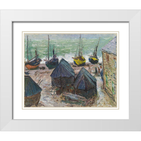 Boats on the Beach at Étretat White Modern Wood Framed Art Print with Double Matting by Monet, Claude