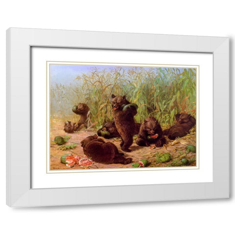 Bears in the Watermelon Patch White Modern Wood Framed Art Print with Double Matting by Beard, William Holbrook