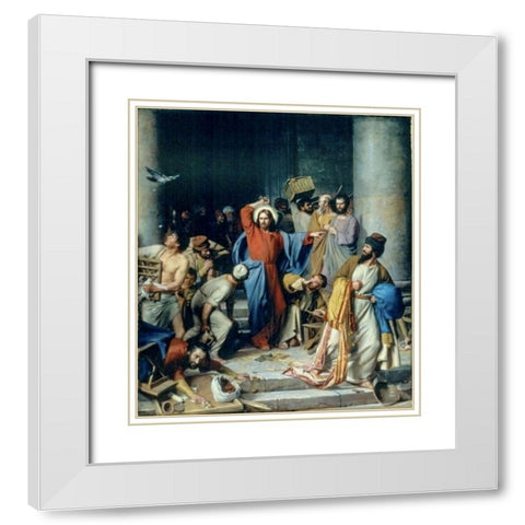 Jesus casting out the money changers at the temple White Modern Wood Framed Art Print with Double Matting by Bloch, Carl