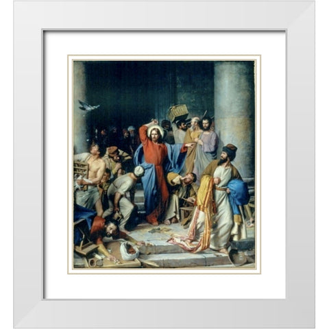 Jesus casting out the money changers at the temple White Modern Wood Framed Art Print with Double Matting by Bloch, Carl
