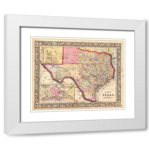 County Map Of Texas, 1864 White Modern Wood Framed Art Print with Double Matting by Mitchell, Samuel Augustus