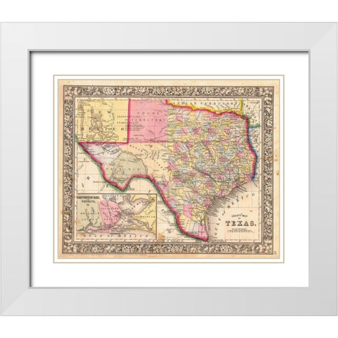 County Map Of Texas, 1864 White Modern Wood Framed Art Print with Double Matting by Mitchell, Samuel Augustus