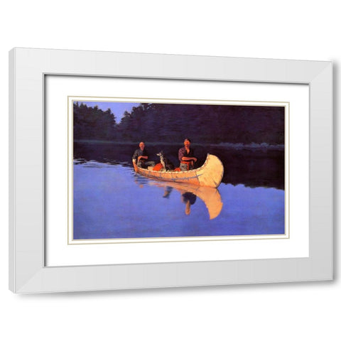 Evening On A Canadian Lake-Two men and a dog in a canoe White Modern Wood Framed Art Print with Double Matting by Remington, Frederic