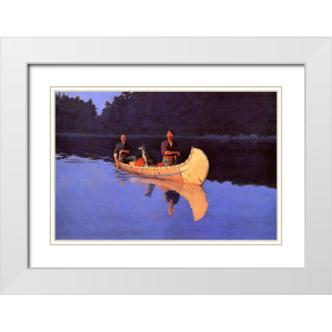 Evening On A Canadian Lake-Two men and a dog in a canoe White Modern Wood Framed Art Print with Double Matting by Remington, Frederic