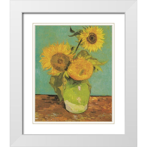 Vase With Three Sunflowers White Modern Wood Framed Art Print with Double Matting by Van Gogh, Vincent