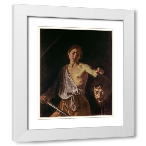 David With The Head of Goliath White Modern Wood Framed Art Print with Double Matting by Caravaggio