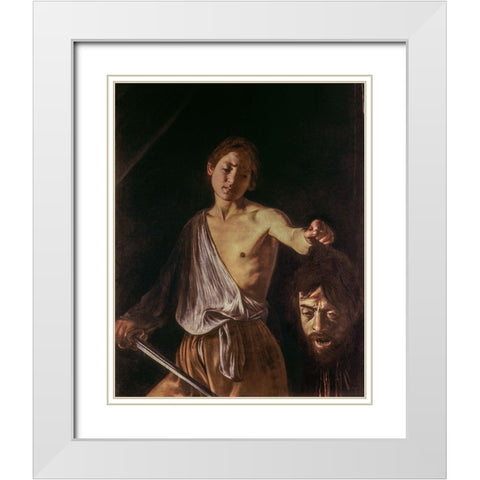 David With The Head of Goliath White Modern Wood Framed Art Print with Double Matting by Caravaggio