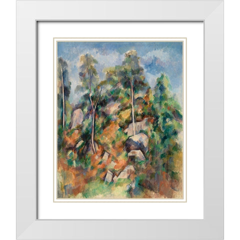 Rocks and Trees White Modern Wood Framed Art Print with Double Matting by Cezanne, Paul