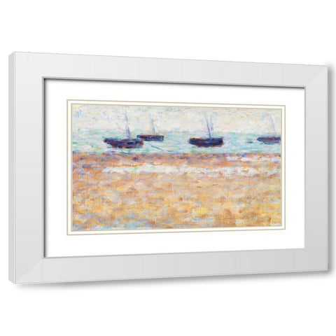 Four Boats at Grandcamp White Modern Wood Framed Art Print with Double Matting by Seurat, Georges