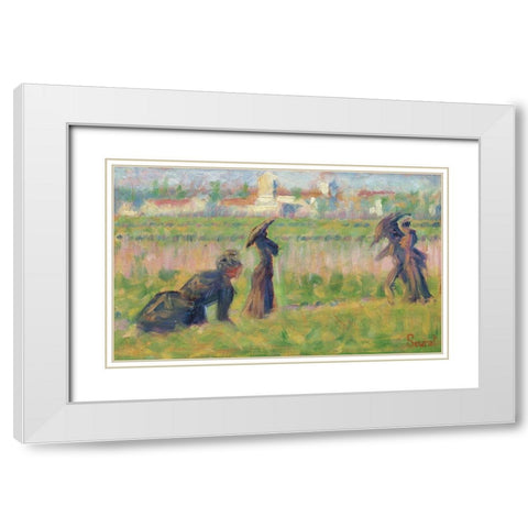 Figures in a Landscape White Modern Wood Framed Art Print with Double Matting by Seurat, Georges