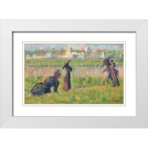 Figures in a Landscape White Modern Wood Framed Art Print with Double Matting by Seurat, Georges