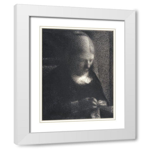 The Artist’s Mother Doing Embroidery White Modern Wood Framed Art Print with Double Matting by Seurat, Georges