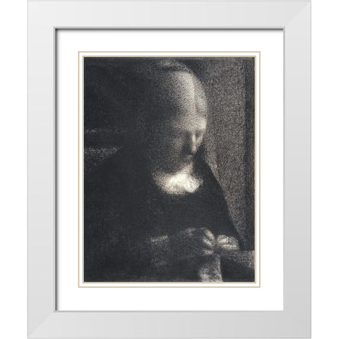 The Artist’s Mother Doing Embroidery White Modern Wood Framed Art Print with Double Matting by Seurat, Georges
