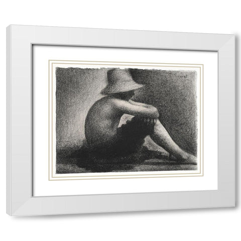 Seated Boy with Straw Hat White Modern Wood Framed Art Print with Double Matting by Seurat, Georges