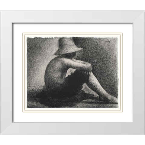Seated Boy with Straw Hat White Modern Wood Framed Art Print with Double Matting by Seurat, Georges