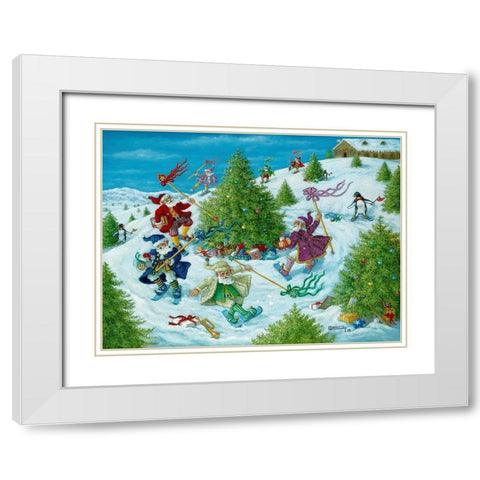 Santas Elves Celebrate White Modern Wood Framed Art Print with Double Matting by Kruskamp, Janet