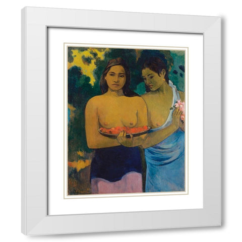 Two Tahitian Women White Modern Wood Framed Art Print with Double Matting by Gauguin, Paul