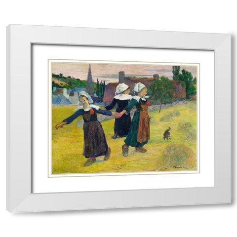 Breton Girls Dancing, Pont-Aven White Modern Wood Framed Art Print with Double Matting by Gauguin, Paul