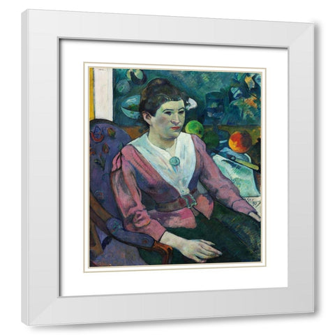 Woman in front of a Still Life by Cezanne White Modern Wood Framed Art Print with Double Matting by Gauguin, Paul