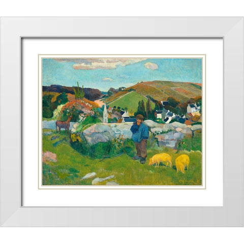 The Swineherd White Modern Wood Framed Art Print with Double Matting by Gauguin, Paul