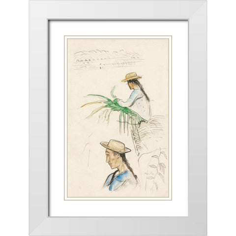 Sketches of Figures, Pandanus Leaf, and Vanilla Plant White Modern Wood Framed Art Print with Double Matting by Gauguin, Paul