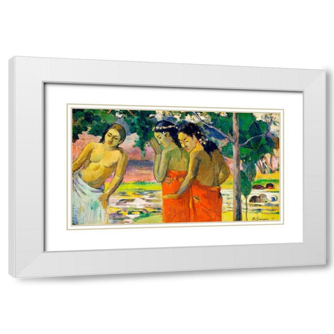 Three Tahitian Women White Modern Wood Framed Art Print with Double Matting by Gauguin, Paul
