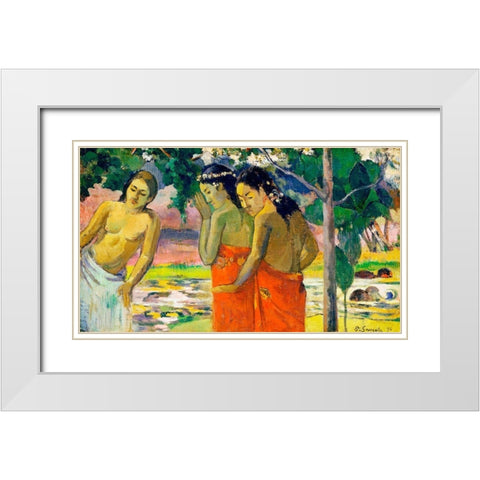 Three Tahitian Women White Modern Wood Framed Art Print with Double Matting by Gauguin, Paul