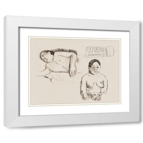 Two Tahitian Women and a Marquesan Earplug White Modern Wood Framed Art Print with Double Matting by Gauguin, Paul