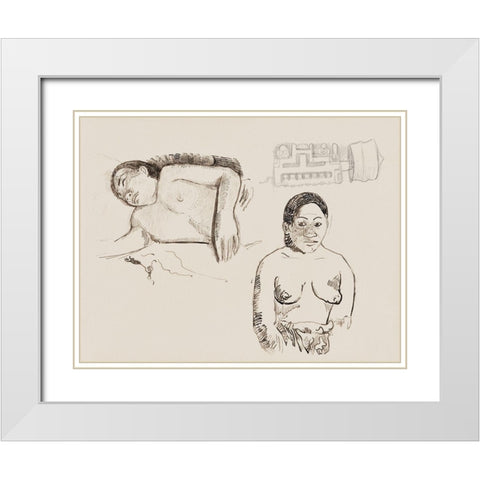 Two Tahitian Women and a Marquesan Earplug White Modern Wood Framed Art Print with Double Matting by Gauguin, Paul