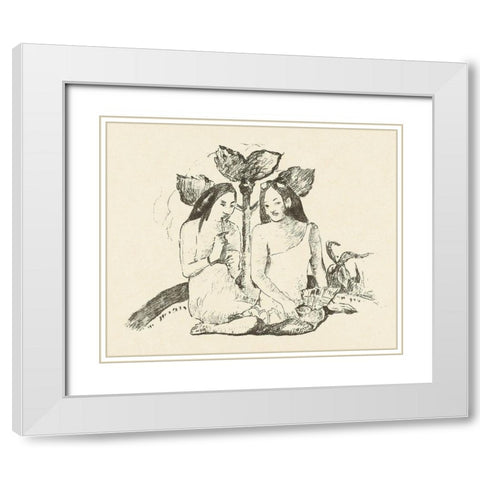 Two Sitting Maori Women White Modern Wood Framed Art Print with Double Matting by Gauguin, Paul