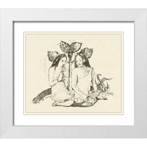 Two Sitting Maori Women White Modern Wood Framed Art Print with Double Matting by Gauguin, Paul