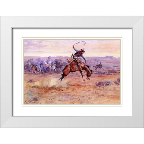 Bucking Bronco White Modern Wood Framed Art Print with Double Matting by Russell, Charles Marion