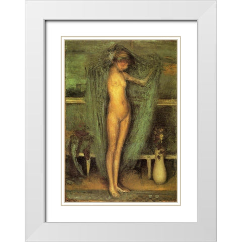 Harmony in Blue and Gold, The Little Blue Girl White Modern Wood Framed Art Print with Double Matting by Whistler, James McNeill