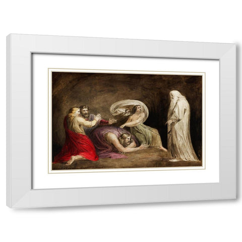 Witch of Endor raising the spirit of Samuel White Modern Wood Framed Art Print with Double Matting by Blake, William