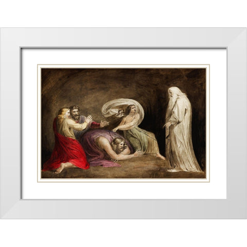 Witch of Endor raising the spirit of Samuel White Modern Wood Framed Art Print with Double Matting by Blake, William
