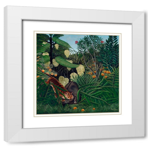 Fight between a Tiger and a Buffalo 1908 White Modern Wood Framed Art Print with Double Matting by Rousseau, Henri