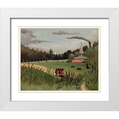 Landscape and Four Young Girls 1895 White Modern Wood Framed Art Print with Double Matting by Rousseau, Henri