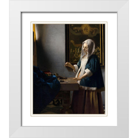 Woman Holding a Balance White Modern Wood Framed Art Print with Double Matting by Vermeer, Johannes