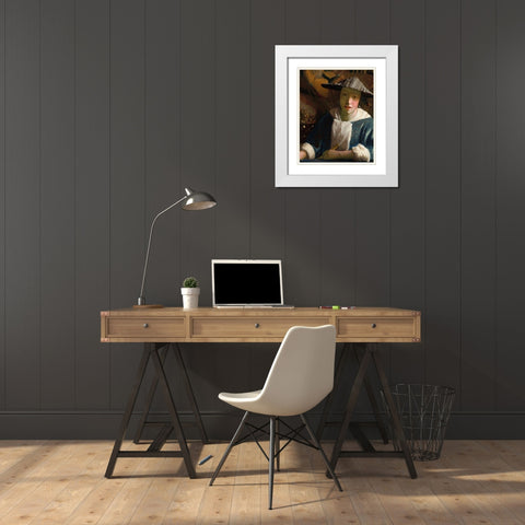 Girl with a Flute White Modern Wood Framed Art Print with Double Matting by Vermeer, Johannes