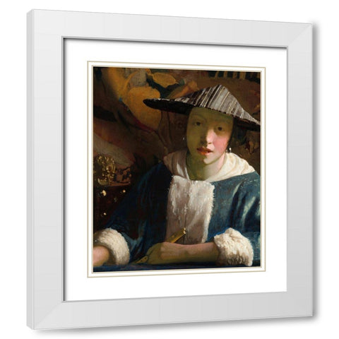 Girl with a Flute White Modern Wood Framed Art Print with Double Matting by Vermeer, Johannes