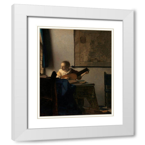 Young Woman with a Lute White Modern Wood Framed Art Print with Double Matting by Vermeer, Johannes