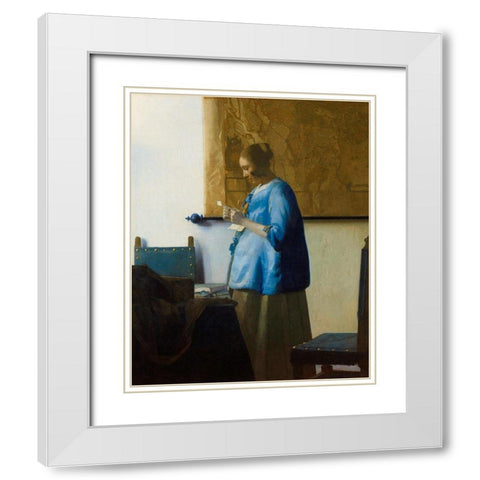 Woman Reading a Letter White Modern Wood Framed Art Print with Double Matting by Vermeer, Johannes