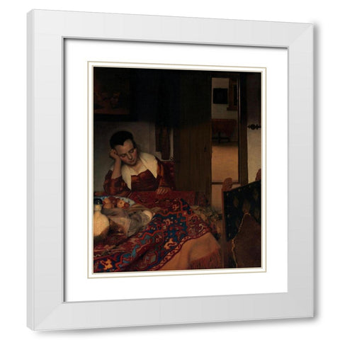 A Maid Asleep White Modern Wood Framed Art Print with Double Matting by Vermeer, Johannes