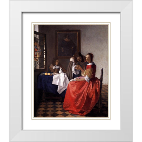 A Lady and Two Gentlemen White Modern Wood Framed Art Print with Double Matting by Vermeer, Johannes