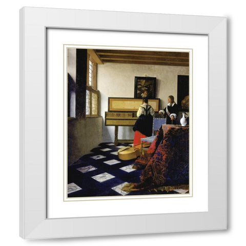 The Music Lesson White Modern Wood Framed Art Print with Double Matting by Vermeer, Johannes