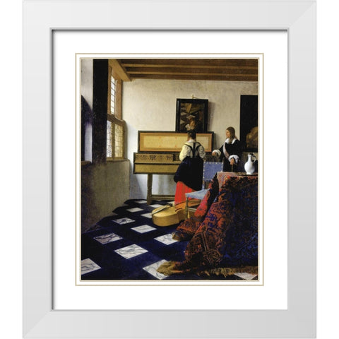 The Music Lesson White Modern Wood Framed Art Print with Double Matting by Vermeer, Johannes